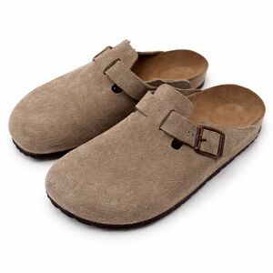 Birkenstock Boston Clogs Taupe Suede Buckle Slip On Size 39 US 8